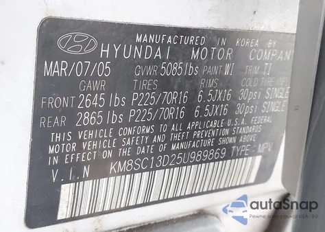 2005 Hyundai Santa Fe Gls z USA, uszkodzony, nr VIN KM8SC13D25U989869